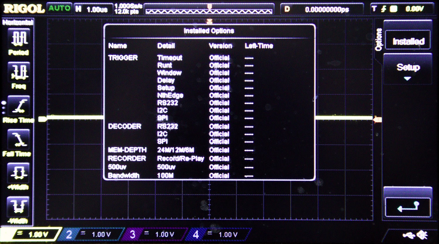Rigol DS1054Z - Installed Options Screen